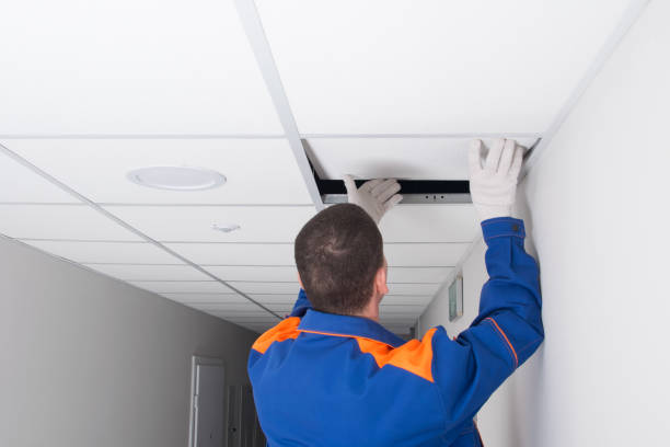 istock a worker in protective clothing opens a suspended ceiling plate for repairs 1311119649