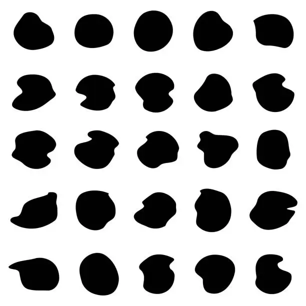 Vector illustration of random smudge, an inkblot. Organic blob, shape speck. Slap, flex. A drop of liquid, liquid. pebble, stone silhouette. An ink spot, mottled spot irregular shape. Basic, simple rounded, smooth shape