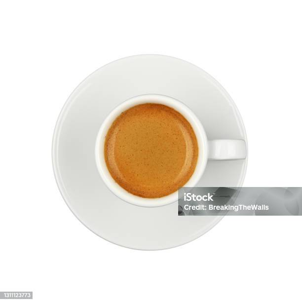 White Cup Of Espresso Coffee On Saucer Isolated Stock Photo - Download Image Now - Espresso, Crema - Coffee, On Top Of