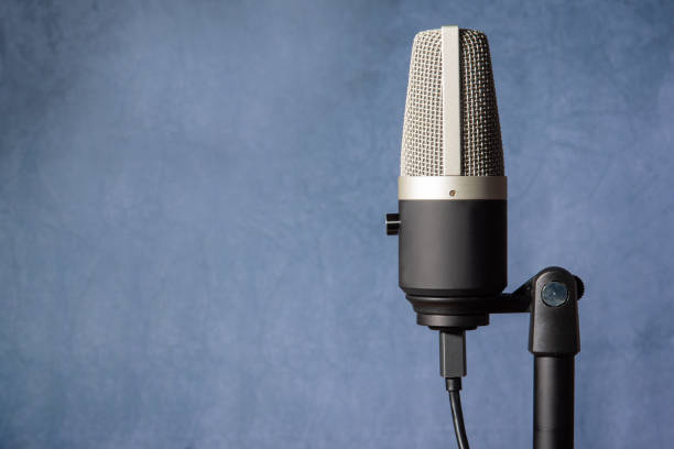 istock professional condenser microphone with pedestal isolated with blue spotted background, selective focus. 1311124052