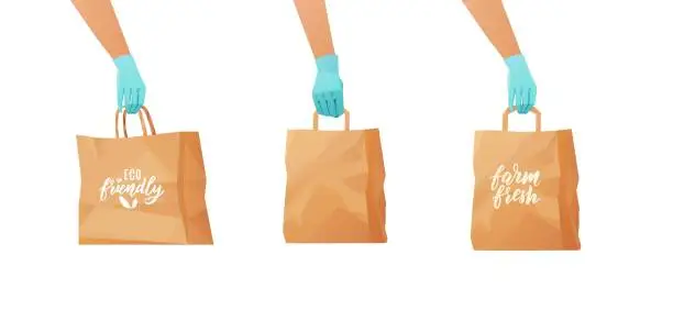 Vector illustration of Couriers gloved hand holding a paper eco bag. Eco friendly hand lettering text. Food delivery concept.