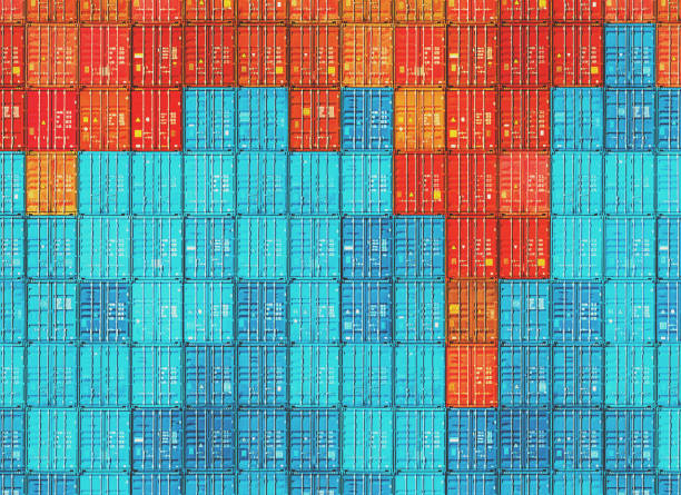 A stall stack of cargo containers with market chart overlay.