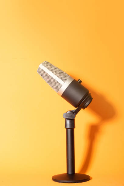 istock professional condenser microphone with pedestal isolated on orange background creating shadow, selective focus. 1311124273