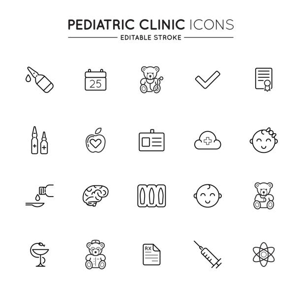 ilustraciones, imágenes clip art, dibujos animados e iconos de stock de se establecen iconos de contorno. clínica pediátrica del hospital y atención médica. trazo editable. vector. - pediatra