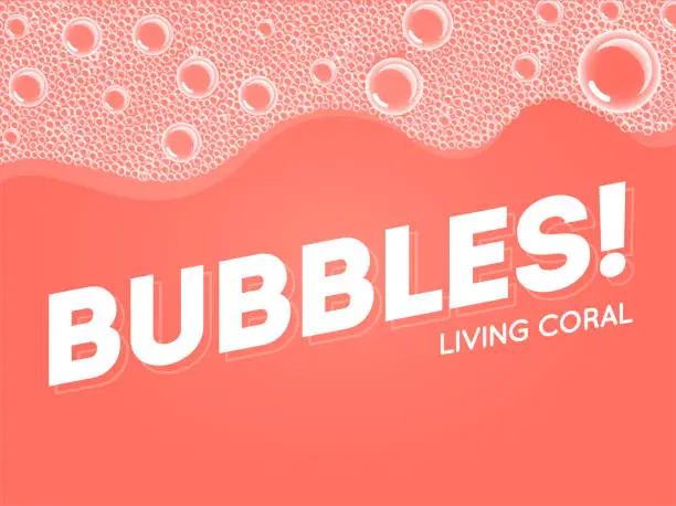 Vector illustration of Living Coral Color Shampoo Soap Bubbles in Bath or Sud. Vector. Transparent Foam on Blue water background.