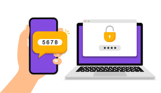 두 단계 인증. 스마트폰에서 코드 메시지를 확인합니다. 보안 로그인 또는 로그인을 위한 코드가 표시됩니다. 노트북과 전화를 통한 두 가지 요인 확인. 벡터 그림입니다. - two factor stock illustrations