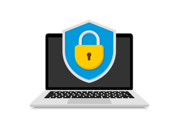 Concept data protection on laptop. Shield with lock on computer. Internet security. Protect confidential data laptop. Vector illustration. Concept data protection on laptop. Shield with lock on computer. Internet security. Protect confidential data laptop. Vector illustration. antivirus software stock illustrations