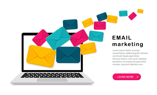 Email marketing concept with envelopes on laptop screen. Sending mail. Digital advertising. Landing page for email marketing. Vector illustration.
