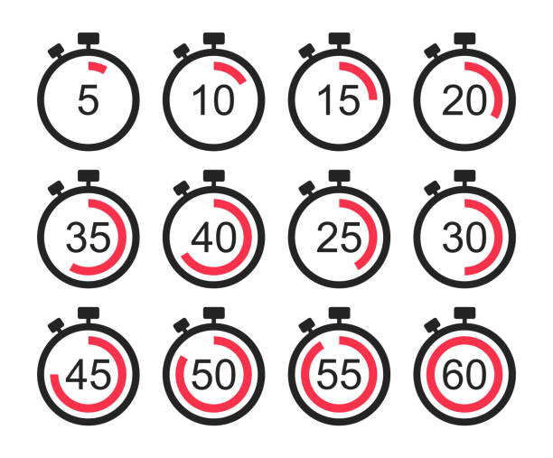Timer icon set. Stopwatch with countdown minutes. Clock, time and digital timers. Sport watch. Vector illustration. Timer icon set. Stopwatch with countdown minutes. Clock, time and digital timers. Sport watch. Vector illustration. minute hand stock illustrations