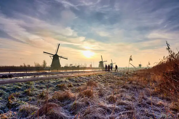 The windmills are standing along the waterline in Kinderdijk. It’s an early morning and it’s very cold. The ground is covered in snow and the sun is slowly rising through some thin clouds. There are a few people walking through the scene.