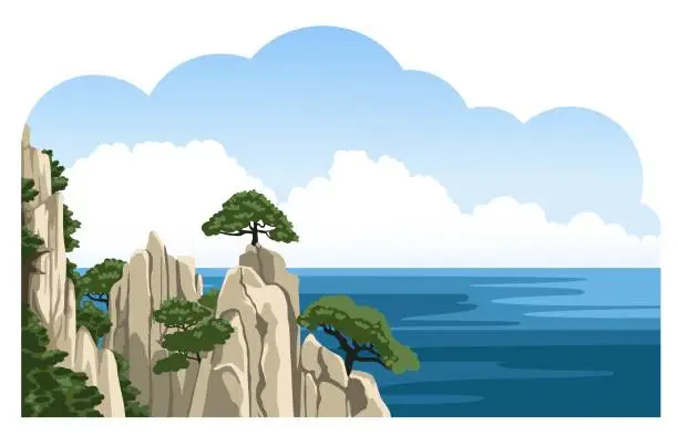 Vector illustration of Sea rock with a tree on top. Chinese seascape.