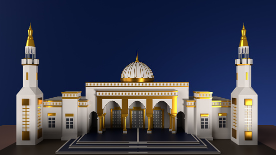 Golden framed mosque Ramadan Kareem background at blue night background. Ramadan concept. High quality 3D render easy to crop and cut out for social media, print and all other design needs.