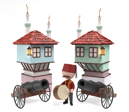 Traditional Ramadan drum and drummer in front of cannons and traditional Istanbul houses on white background. Ramadan concept. High quality 3D render easy to crop and cut out for social media, print and all other design needs.