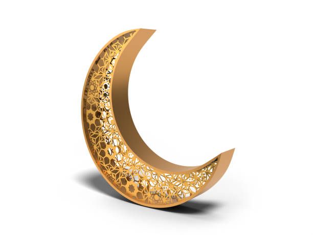 Three Dimensional Ramadan greeting card design with Arabic design golden crescent moon against white background. Ramadan concept. High quality 3D render easy to crop and cut out for social media, print and all other design needs.