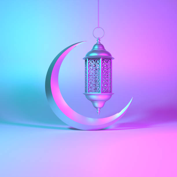 Arabic geometric star ornament, lantern, crescent on neon background. Creative concept of islamic celebration month Ramadan, Ramadan Kareem or Eid al Fitr Adha. Ramadan concept. High quality 3D render easy to crop and cut out for social media, print and all other design needs.