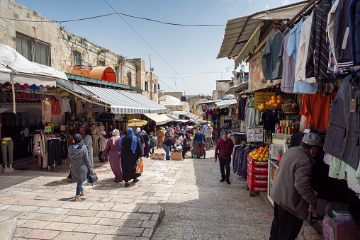 Jerusalem, Israel - March 21 2021: Entrance to the Old City of Jerusalem after the Damascus Gate, Beit HaBad street