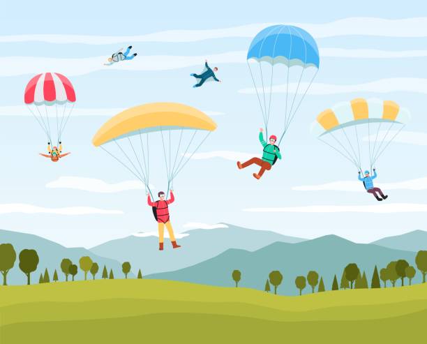 illustrazioni stock, clip art, cartoni animati e icone di tendenza di persone dei cartoni animati che saltano con i paracadute nel cielo estivo - skydiving action activity adrenaline