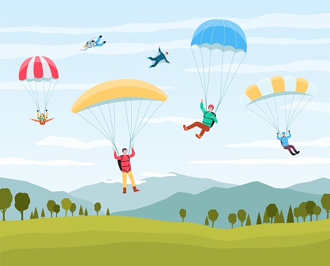 Cartoon people jumping with parachutes in summer sky