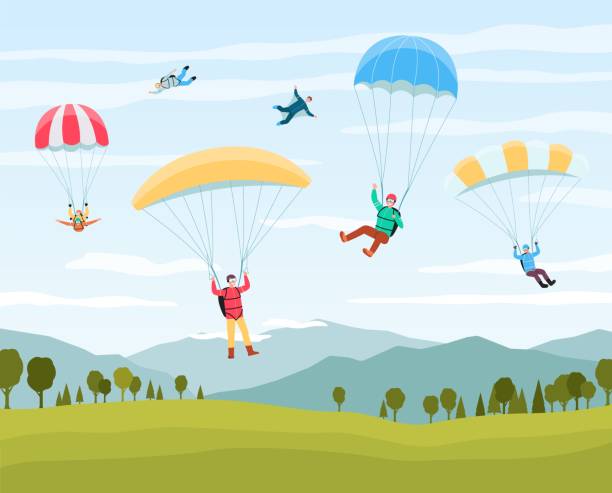 Cartoon people jumping with parachutes in summer sky Cartoon people jumping with parachutes in summer sky - extreme sport lovers flying and skydiving in nature. Flat vector illustration of parachuters mid jump. parachuting stock illustrations