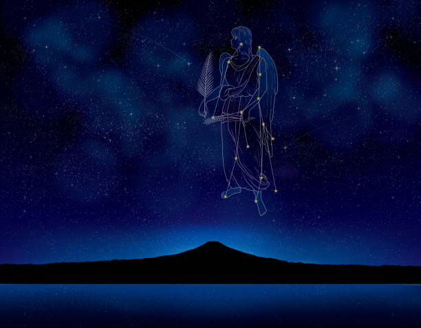 ilustraciones, imágenes clip art, dibujos animados e iconos de stock de virgo que flota en el cielo nocturno - mitologia griega