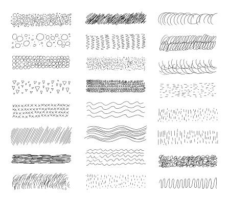 A hand-drawn collection of a variety of abstract brushes, textures from thin hand-drawn lines of different shapes. Set of doodle swirling and straight shapes isolated on white background.