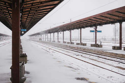 Old empty railway station in winter, Belgrade, SerbiaOld empty railway station covered in snow