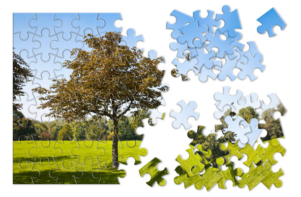 istock Isolated tree in a green meadow - environmental conservation concept image in jigsaw puzzle shape 1311132464