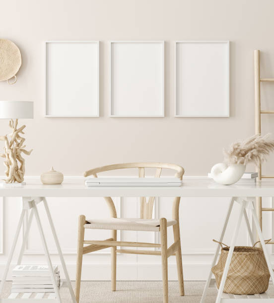 istock Poster mock up in home office interior background, boho style 1311134198
