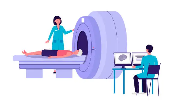 Vector illustration of Tomography banner - patient and doctors in hospital room