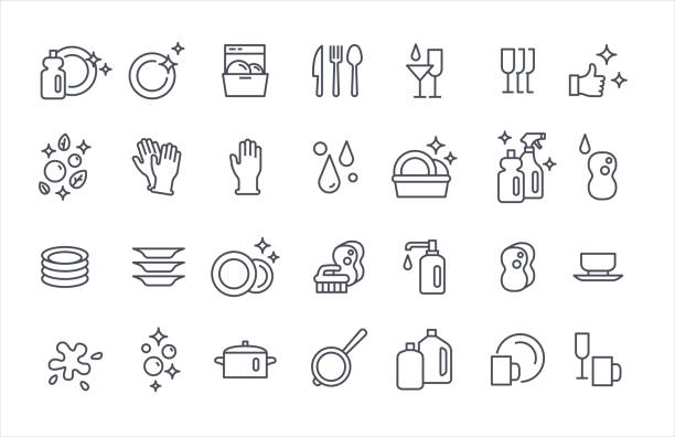 ilustrații de stoc cu spălarea vaselor icoane subțire plat vector set - igienă