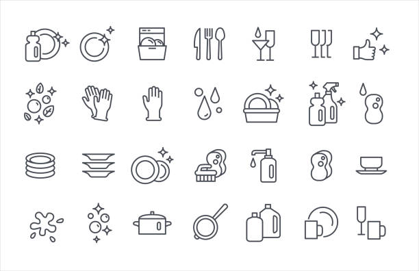 Washing dishes icons thin flat vector set Washing dishes icons vector set thin outline template high quality kitchen equipment stock illustrations
