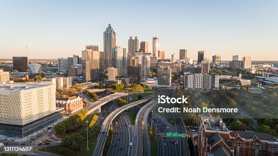 istock Aerial shot over the downtown connector during sunset. 1311134607