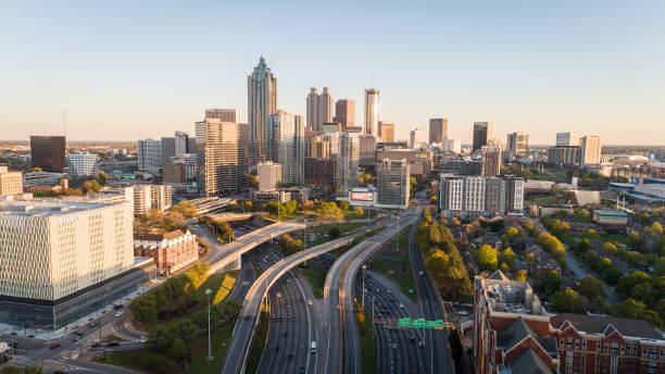Aerial shot over the downtown connector during sunset. Drone photo of downtown Atlanta, Georgia USA. georgia stock pictures, royalty-free photos & images
