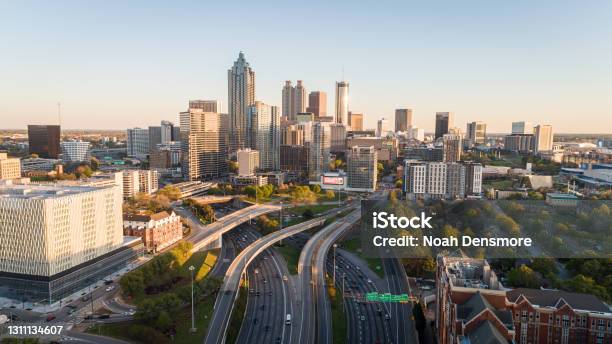 Aerial Shot Over The Downtown Connector During Sunset Stock Photo - Download Image Now
