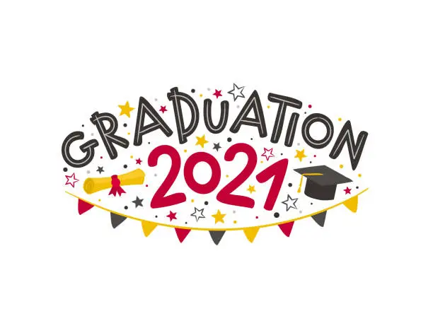 Vector illustration of Doodle Logo for the 2021 graduate with a masters cap,