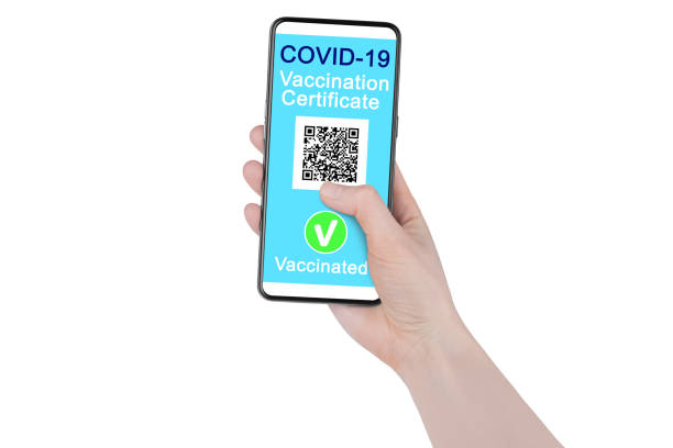 istock Coronavirus vaccination certificate smartphone screen human hand white background isolated, vaccinated person, digital COVID 19 immunity health passport mobile phone app, international tourism, travel 1311135822