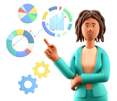 3D illustration of african american woman pointing finger at charts, diagrams, infographics and graph dashboard. Cute cartoon businesswoman generating ideas, analytics, business strategy.