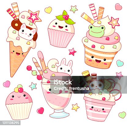 istock Set of cute sweet icons in kawaii style 1311138295
