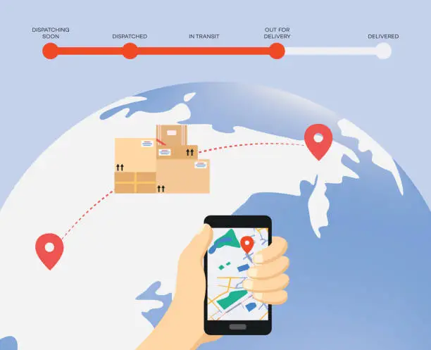 Vector illustration of Shipment app with delivery status and tracking on Earth globe.