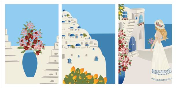 ilustraciones, imágenes clip art, dibujos animados e iconos de stock de vector set tema de vacaciones de verano e inspiración. hermosa chica turista y abstracta lugar, pueblo en santorini, españa, grecia e italia. ilustraciones y diseño de vectores de viaje - greece greek islands town village