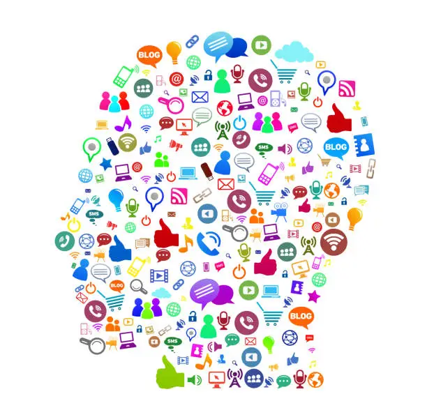Photo of Human head with social media  internet technology symbols . colorful icons in face shape .