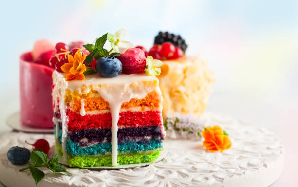 istock Various slices of cakes on a white tray: rainbow cake, raspberry cake and almond cake 1311147712