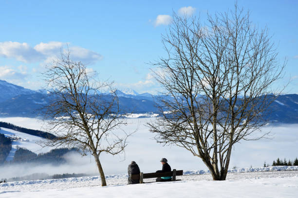 View from Gahberg towards Attersee under a blanket of fog in winter, Austria Europe