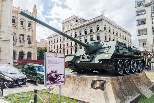 HAVANA, CUBA - FEB 22, 2016: Cannon SU 100 used by cuban forces during the Bay of Pigs invasion.