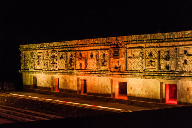 Illuminated Nun's Quadrangle Cuadrangulo de las Monjas building complex at the ruins of the ancient Mayan city Uxmal, Mexi