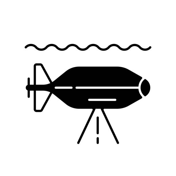AUV black linear icon AUV black linear icon. Autonomous underwater vehicle is robot that travels underwater without requiring input from operator. Outline symbol on white space. Vector isolated illustration underwater exploration stock illustrations