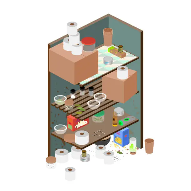 Vector illustration of Isometric Messy Kitchen Pantry - Corner Kitchen Closet Details - Close-up View