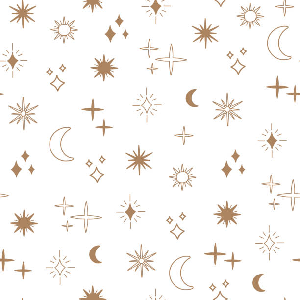 Boho astrology and star seamless pattern, magic celestial night concept Boho astrology and star seamless pattern, magic celestial night concept, moon and sun objects, bohemian symbols. Gold line art, modern trendy vector illustration in doodle flat style, white background moon patterns stock illustrations