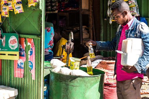 Addis Ababa, Ethiopia - Feb 15, 2020: Addis Mercato in Addis Abeba, Ethiopia, the largest market in Africa.