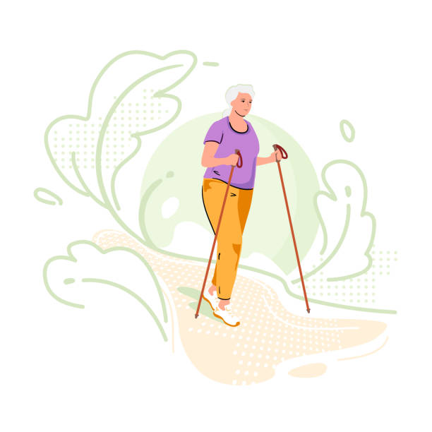 người phụ nữ lớn tuổi tham gia vào việc đi bộ bắc âu trong nền xanh thiên nhiên. thể dục cho người về hưu. lối sống năng động chăm sóc người già. thể thao trong công viên bên ngoài. minh họa vector ng - nature walk hình minh họa sẵn có